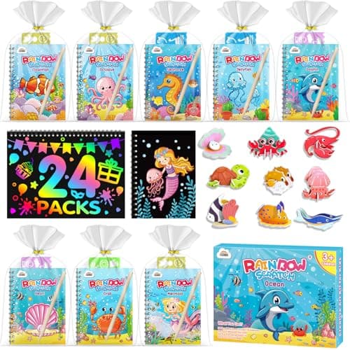 ZMLM 24 Pack Scratch Art Party Favors for Kids 4-8 – Individually Wrapped Rainbow Notebooks, Mess-Free Goodie Bag Stuffers, Non-Candy, Classroom Prizes, Travel Quiet Time Crafts for Boys Girls(Ocean)
