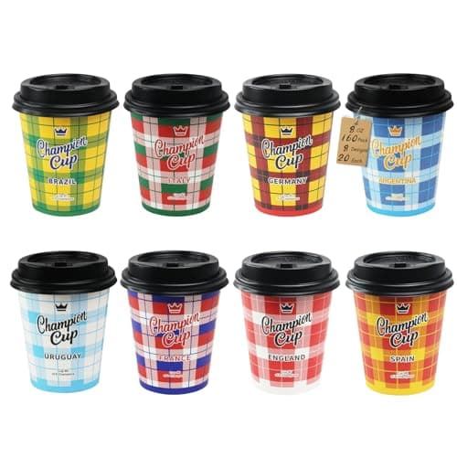 Sowinvent 8 oz Champion Cup Celebrating World Soccer Champions Brazil Italy Germany Argentina Uruguay France England Spain, 160 Sets Kids Disposable Paper Party Cups with Lids Compostable&Plastic-Free - Image 1