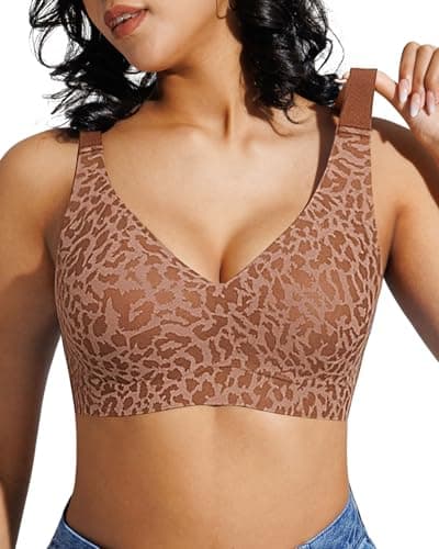 Popilush Comfortbale Bras for Women - Seamless No Underwire Push Up Plunge Deep V Bralette with Adjustable Straps Everyday T-Shirt Bra Leopard Brown - Image 1