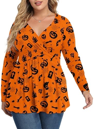 TIANZHU Women's Plus Size Tops Long Sleeve Babydoll Blouse Empire Waist Going Out & Casual, Halloween Orange, 2XL - Image 1