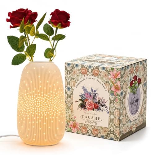 TACAHE Ceramic Vase Table Lamp, 2700K Bulb & 3 Artificial Flowers Included, E12 Socket, Inline Switch, Handmade Openwork Craft, Ambient Light for Living Room Bedroom - Starry 9.3" - Image 1