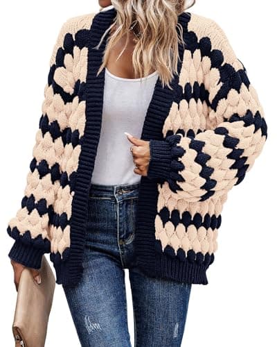 KIRUNDO Womens Fashion Fall Cardigan 2026 Open Front Chunky Cardigan Sweaters Oversized Lantern Sleeve Striped Color Block Cardigans Outwear Winter Clothes(Navy, Large) - Image 1