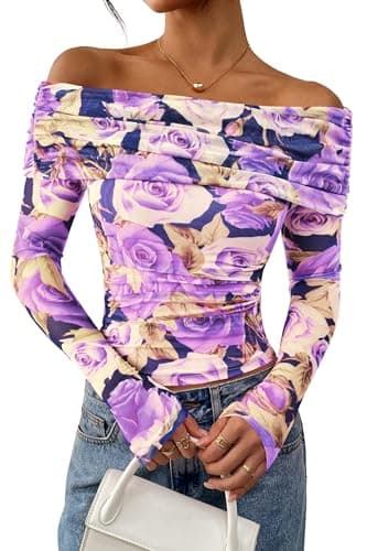 PRETTYGARDEN Womens Tops 2026 Spring Off The Shoulder Long Sleeve Fitted Y2k Shirts Floral Ruched Mesh Going Out Outfits(Purple Flower,XX-Large) - Image 1