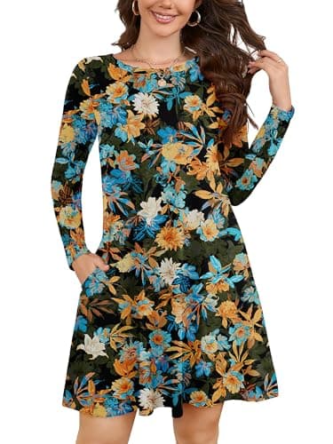 KORSIS Women Long Sleeve T-Shirt Dress Floral Round Neck Casual A-Line Loose Vocation Christmas Tunic Dresses with Pockets 2XL - Image 1