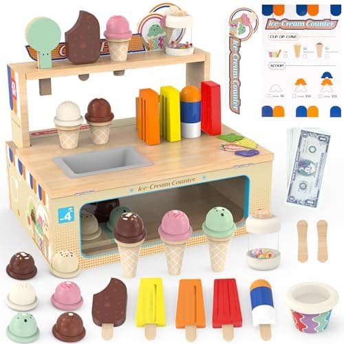 Foldable Wooden Ice Cream Toy Set Pretend Play Food Store for Toddlers, 52-Piece Kids Ice Cream Counter with Storage, Kitchen Playset Fake Money & Menu, Birthday Gift for 3 4 5 6 Year Old Girls Boys - Image 1