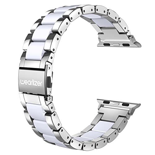Wearlizer Silver Compatible with Apple Watch Band 38/40/41/42mm, Fashion Womens Men Stainless Steel Strap White Resin Wristband Replacement Metal iWatch Series 11 10 9 8 7 6 5 4 3 SE/Ultra 3 2 1 - Image 1