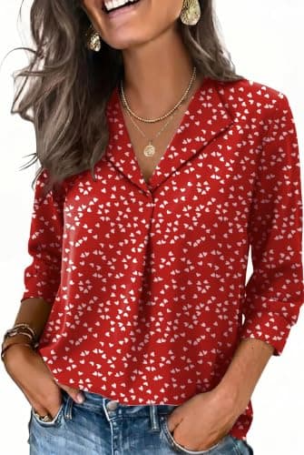 WIHOLL 3/4 Length Sleeve Womens Tops Dressy Casual Blouses Summer Spring Trendy Business Outfits Fashion Clothing Red Floral