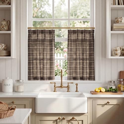NICETOWN Pinch Pleated Cafe Curtains for Kitchen 2 Panels, W26 x L36 in, Deep Taupe Plaid Linen Blend Light Filtering Privacy Tier Cuurtains, Premium Valance for Living Room, Bathroom with Hooks - Image 1