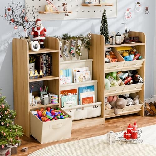 IKALIFE Kids Toy Book Storage Organizer - Large Bookshelf with 7 Removable Bins, Baby Bookshelf and Toy Storage, 4-Tier Book Shelf for Kids Room, Playroom, Classroom, 51 inch, Burlywood - Image 1