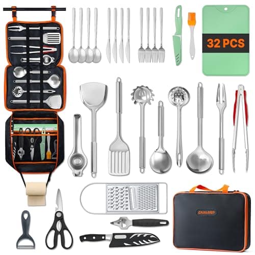 GAIALOOP Camping Cooking Utensils Set 32 PCS Camp Kitchen Cookware Kit with Organizer Bag, Portable RV Camping Essentials Camper Must Haves for Cookouts Open Fire Pit - Image 1