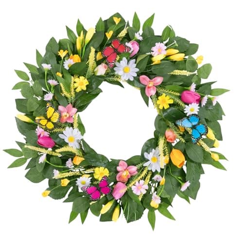 U'Artlines 22 Inch Tulip Wreath for Front Door, Spring Summer Silk Wreath with Green Leaves Colorful Butterfly Artificial Tulip Flower Wreaths for All Seasons Window Wall Wedding Valentines Day Decor - Image 1