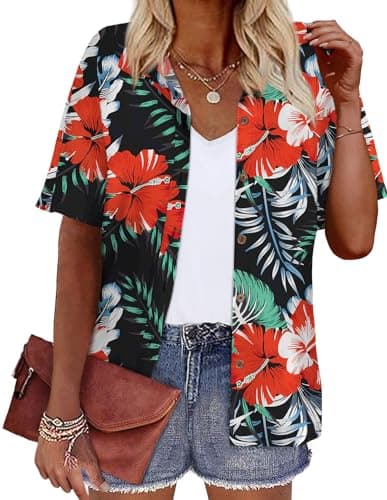 LILYCHIC Womens Hawaiian Shirts Button Down Summer Short Sleeve Blouse Casual Work Blouse Tropical Beach Tops Black M - Image 1