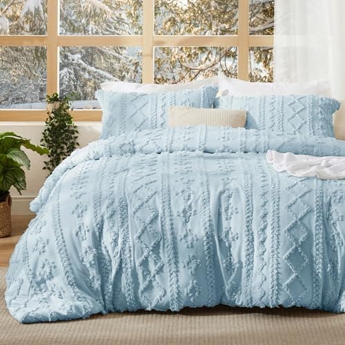 Bedsure Tufted Boho Comforter Set Twin Size - Light Blue Boho Bed Set, GentleSoft™ 2 Pieces Farmhouse-Style Embroidery Bedding, Gifts for Woman, Soft Jacquard Kids' Twin Comforter for All Seasons - Image 1