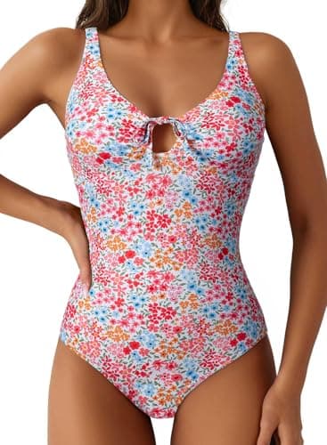 Aleumdr Push Up One Piece Bathing Suit for Women Slimming Tummy Control Swimsuit Heyhole High Cut Sexy Swimwear Floral Pink Large - Image 1