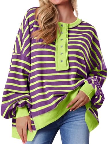 Tankaneo Womens Oversized Striped Sweatshirts Henley Shirts Waffle Knit Color Block Casual Pullover Tops Purple - Image 1