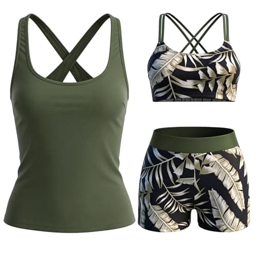 Bolsamila Women's 3 Piece Tankini Swimsuit Set Athletic Tank Top with Sports Bra Shorts Tummy Control Floral Print (US, Alpha, Large, Regular, Regular, DarkGreen) - Image 1