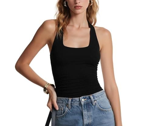 Women Halter Backless Tank Tops Sexy Halter Neck Double Line Cute Y2k Summer Going Out Crop Tops Trendy Camisole Shirts(Black,Medium)