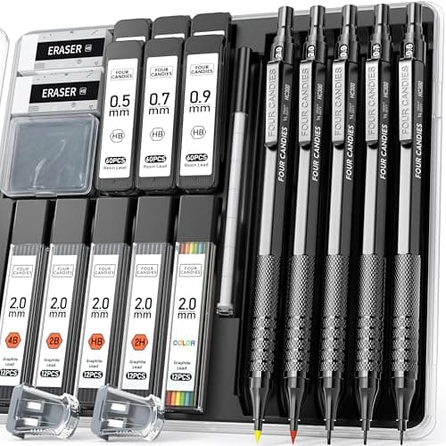 Four Candies Metal Mechanical Pencil Set, 3PCS Art Drafting Pencils 0.5, 0.7, 0.9MM & 2PCS 2MM Mechanical Drawing Pencils with 420PCS Leads (4B 2B HB 2H Color) for Writing Sketching Drawing (Black) - Image 1