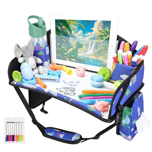 WENRENER Kids Travel Tray for Airplane - Toddler Car Seat Table Tray, Road Trip Essentials for Boys & Girls, Carseat Lap Desk for Kids Road Trip Activities,Blue Dinosaur - Image 1