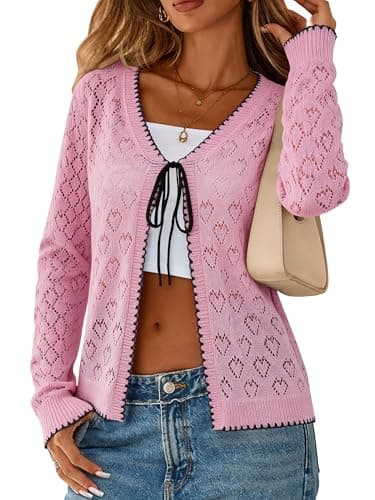 Biodeer Women's Crochet Cardigan Sweater Long Sleeve Tie Front Top Pointelle Hollow Out Knit Shrug Pink - Image 1