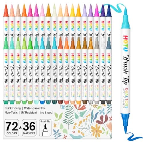 HOTU 72 Colors Acrylic Paint Markers for Coloring BooksFabric Stone Wood Sketchbook Eggs - 36 Set Dual Brush Tip Paint Pens - Art and Crafts Supplies Kit - Great Gifts Idea (36pcs,72 colors)