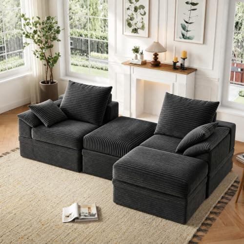 Ucozy 71" Modular Sectional loveseat Sofa Boneless Couch with Storage,2 Seat Comfy Modern Couch with Ottoman, 48" Deep Seat Corduroy Sofa for Living Room, Tool-Free Assembly - Dark Grey - Image 1