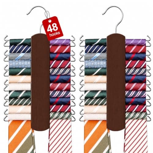 2 Pack Tie Hanger with 48 Hooks, Large Capacity Tie Rack for Closet Organizers and Storage,Space Saving Wooden Necktie Hanger for Men - Image 1