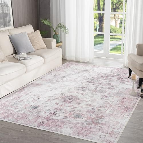 Syalife 5x7 Washable Area Rug, Ultra Soft Non-Slip, Low Pile, Stain Resistant Vintage Area Rug for Living Room, Boho Carpet for Bedroom, Dining Room, Office, Foldable Home Decor Rug, Pink/Muiti - Image 1