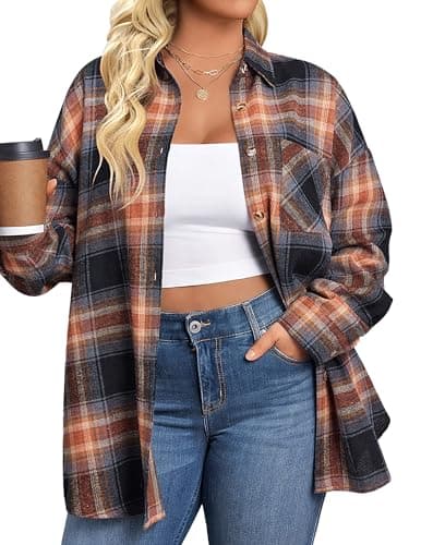 IN'VOLAND Women's Oversized Flannel Flannel Plaid Shirts Long Sleeve Button Down Casual Boyfriend Blouse Top Sandy - Image 1