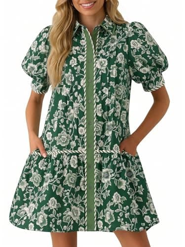 Wenrine Womens Mini Dress Summer Casual Short Puff Sleeve Floral Collared V Neck Loose Button Down Shirt Dress with Pockets Dark Green - Image 1