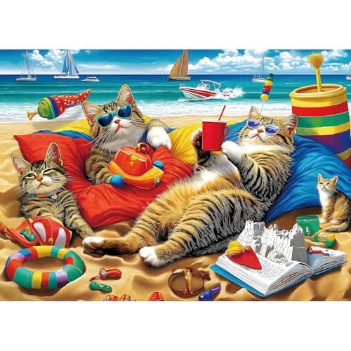 Beach Cat Jigsaw Puzzles for Adults 1000 Pieces, Sunglasses Cat with Summer Beach Scene Includes A-F Sorting Sections & Reference Poster for Easy Assembly, Fun Family Game Night Gift for Animal Lovers - Image 1