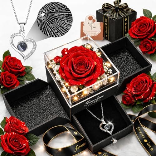 cdco Forever Love Preserved Real Rose with Heart Necklace, Mothers Day Gifts for Mom, Wife, Anniversary Birthday Gifts for Women – Projects “I Love You” in 100 Languages - Image 1