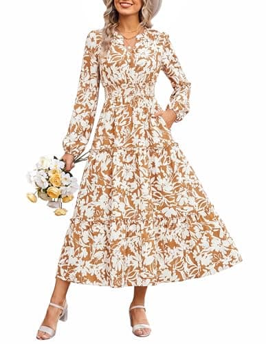 GRACE KARIN Women's Floral Maxi Dress 2026 Fall Long Sleeve V Neck Empire Waist A Line Flowy Dress with Pocket Yellow XXL - Image 1