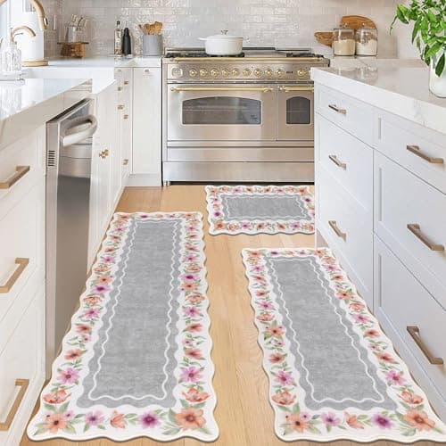 Vaukki Boho Kitchen Rug Sets 3 Pieces, Washable Kitchen Mats for Floor, Non Slip Soft Kitchen Area Rug Floor Mat for Kitchen, Laundry Room and Hallway (Flower-Grey, 20''x32''+20''x47''+20''x59'') - Image 1