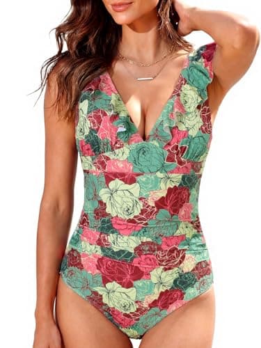 Pleneal Women's Ruffled One Piece Swimsuit V Neck Tummy Control Bathing Suit for Women, Lace Up Slimming Swimwear Full Coverage, Retro Rose Print-S - Image 1