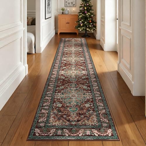 U'Artlines 2' x 12' Long Boho Hallway Runner Rug, Non Slip Washable Vintage Farmhouse Accent Area Rug Carpet for Kitchen Entryway Laundry and Living Room (Rust&Teal) - Image 1