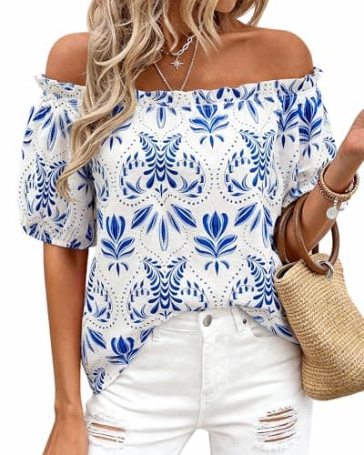 BTFBM Off The Shoulder Boho Tops for Women 2026 Summer Spring Short Sleeve Floral Loose Resort Beach Vacation Clothes(Floral White Blue, XX-Large) - Image 1