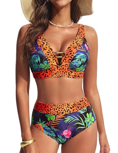 Hanna Nikole Womens Bikini Sets High Waisted Swimsuits 2 Piece Bathing Suits Tummy Control Full Coverage Floral Print Modest Swimwear Blue Leopard - Image 1