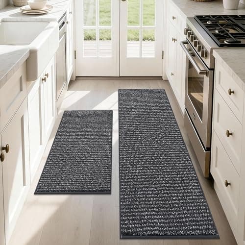 JSEI 17''x30''+17''x48'' Non-Slip Kitchen Runner Rugs, 2PCS Polypropylene Kitchen Mats, Machine Washable Absorbent and Stain Resistant Kitchen Rugs, Carpet Mats with TPR Backing for Kitchen, Charcoal - Image 1
