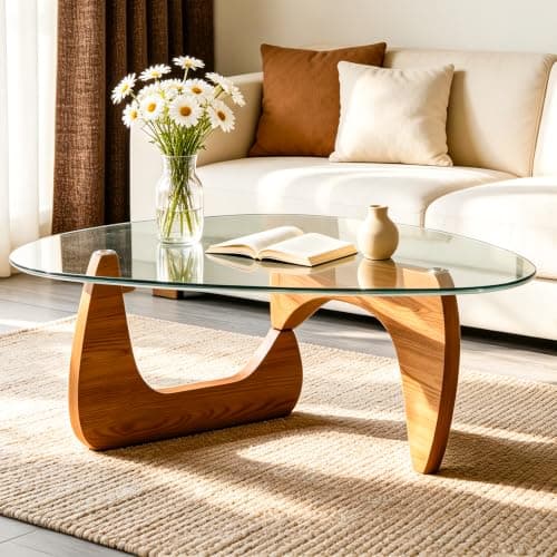 telkener Mid Century Modern Coffee Table, Center Table for Living Room, Offices, Triangle Tempered Glass Top and Solid Wood Base, Easy Assembly, Walnut, 44.8" x 32.2" x 16.1" - Image 1
