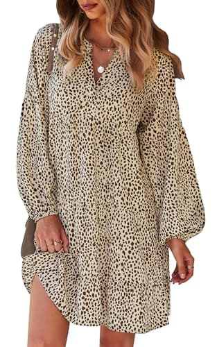 CCTOO Women's Summer Dresses Casual V Neck Button Down 3/4 Sleeve Floral Print Loose Flowy Shirt Dress 067 Khaki Small - Image 1