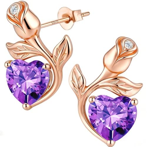 JACUPO 0.8CT Rose Heart Earrings Option of Sapphire Moissanite Stud Earrings Lab-Grown Earrings Birthstone Earrings for Women S925 Sterling Silver Post D Color VVS1 Clarity Ideal Gift for Wife Mother for Birthday Anniversary Valentine's Day Conveying I Love You Message (Feb Amethyst Rose Gold)