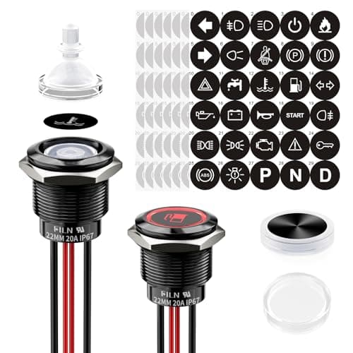 FILN 2PCS 22mm Momentary Push Button Switch,20A on Off Switch 12v-24v IP67 Waterproof Marine Switches for Car, Boat, Motorcycle, DIY Enthusiasts(Red, 185 Replacement Symbols, Black Shell) - Image 1