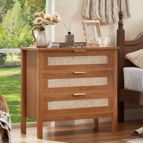 LEYAOYAO 31.5" Wide Rattan Nightstand, Large Boho 3 Drawer Night Stand, Tea Brown Bedside Table with Storage, Tall Bed Side End Tables, Chest of Drawers Dressers for Bedroom, Living Room, Hallway - Image 1
