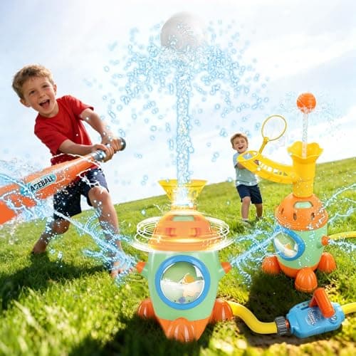 Kids Water Sprinkler Toys, Rocket-Shaped Outdoor Water Baseball Set with Bat & Multi-Ball Slide Feeder, Adjustable Water Flow & Height, Rotating Sprinkler for Backyard, Pool, Lawn Summer Fun Ages 4-8 - Image 1