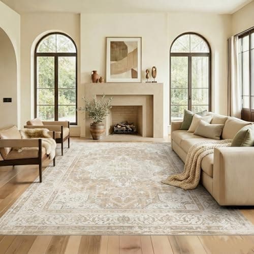 Vintage 8x10 Area Rugs Living Room: Washable Boho Large Neutral Vintage Soft Rug Stain Resistant Distressed Farmhouse Non-Slip Patterned Carpet for Bedroom Nursery Kids Office Dining Room-Beige Brown - Image 1