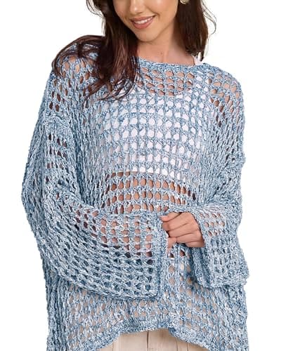 Bsubseach Sexy Beach Cover Ups for Women Hollow Out Crochet Bathing Swimsuit Coverup Sheer Beach Tops Vacation Clothes Blue S - Image 1