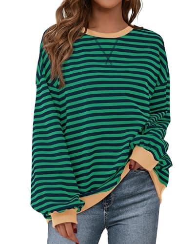 BTFBM Sweatshirt For Women 2026 Summer Crewneck Long Sleeve Oversized Striped Pullover Tops Y2K Clothes Workout Shirt(Green Navy, X-Large) - Image 1