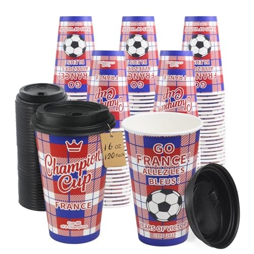 Sowinvent 16 oz Champion Cup A Salute To France, 2-Time World Soccer Champion, 120 Sets Disposable Paper Party Cups with Lids, Restaurant Catering Concession & Fan Event Decorations, ALLEZ LES BLEUS - Image 1