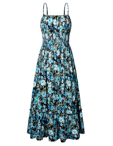 GRACE KARIN Summer Dresses for Women 2026 Vacation,Smocked Floral Maxi Dresses,Boho Beach Long Sundress Blue Black S - Image 1